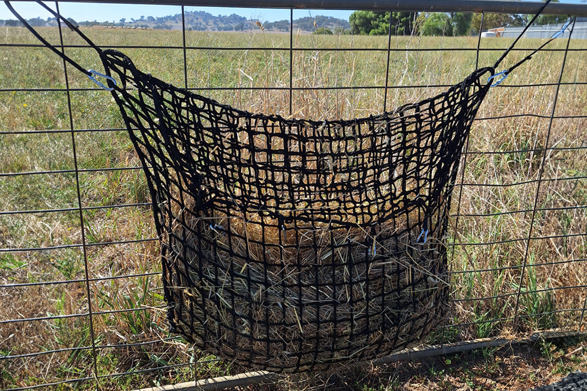 Fixed Hay Net Junior Hay-Stay Hanging Knotless Hay Net – GutzBusta® Slow Feed Hay Nets